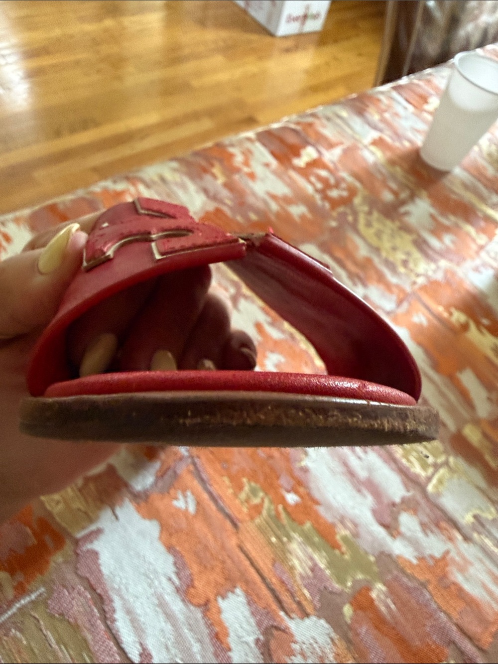 Tory Burch Red/Gold Double T leather slides - Picture 11 of 16